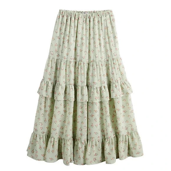 Vylette Floral Flowy Chiffon Tiered Maxi Skirt Green Size XL - Picture 1 of 8